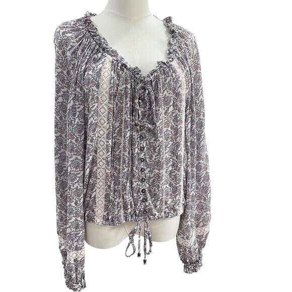 Olivaceous Boho Floral Peasant Blouse Cottagecore Lace Ruffle Dainty Tie Top M - Picture 8 of 11